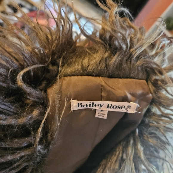 Brown Faux-Suede Feather-Trim Long Coat Bailey Rose Medium Y2K 70s Style - Picture 5 of 5